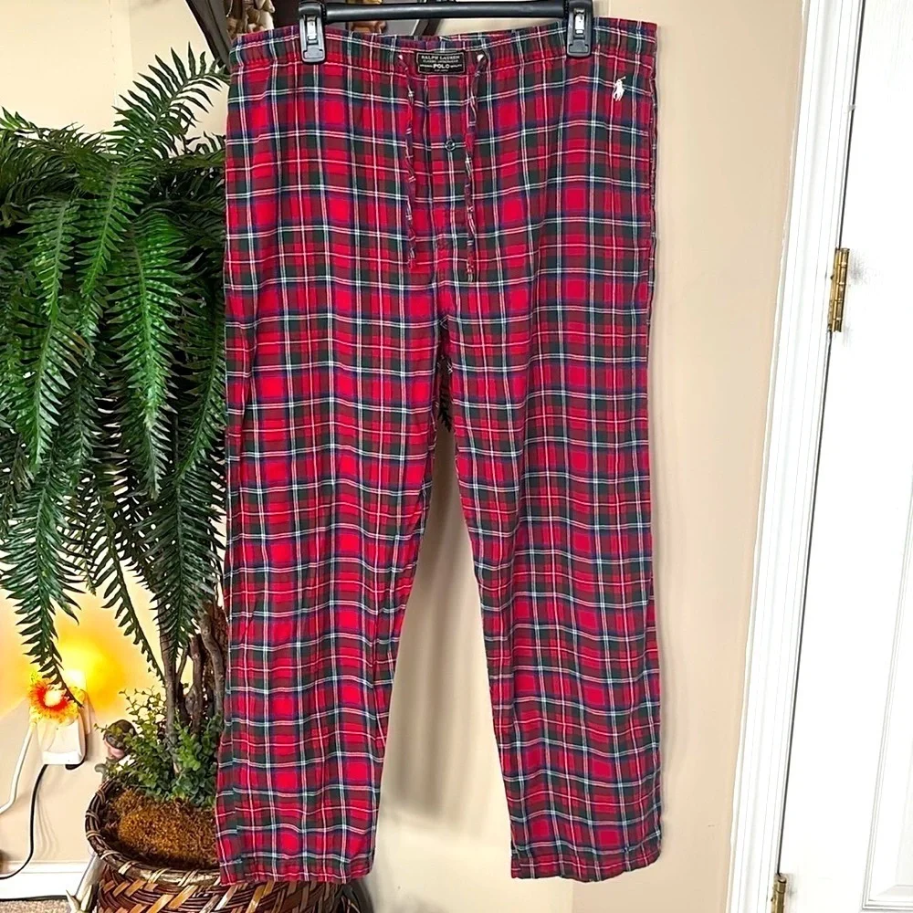 Polo Ralph Lauren Red Plaid 100% Cotton Pajama Sleep Pants Stretch Waist Pony